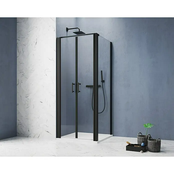 GEO Hit Pro Eckdusche B-PF110L x B x H: 100 x 90 x 202,2 cm, Beschichtet, DIN Anschlag: Links, Stärke: 6 mm, Schwarz - Schwarze Duschkabine mit klaren Glaspaneelen und modernem Design für ein stilvolles Badezimmer. Die Dusche bietet eine elegante und funktionale Lösung.