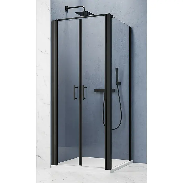 GEO Hit Pro Eckdusche B-PF110 - L x B x H: 100 x 100 x 202,2 cm, Beschichtet, Schwarz, Glasstärke: 6 mm, DIN Anschlag: Links - Schwarze Duschkabine mit klaren Glaswänden und einer modernen Duscharmatur. Die Kabine hat elegante Griffe und eine minimalistische Optik.