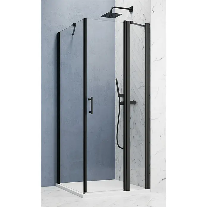 GEO Hit Pro Eckdusche B-PF200 - L x B x H: 100 x 90 x 202,2 cm, Beschichtet, Schwarz, Glasstärke: 6 mm, DIN Anschlag: Rechts - Moderne Duschkabine mit schwarzem Rahmen und Armaturen für ein stilvolles Badezimmerdesign. Die Duschkabine verfügt über eine Drehtür.