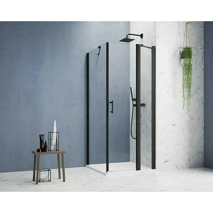 GEO Hit Pro Eckdusche B-PF200L x B x H: 80 x 100 x 202,2 cm, Beschichtet, DIN Anschlag: Rechts, Stärke: 6 mm, Schwarz - Elegante Duschkabine mit schwarzem Rahmen und klarem Glas. Das moderne Design fügt sich nahtlos in jedes Badezimmer ein und bietet ein luxuriöses Duscherlebnis.