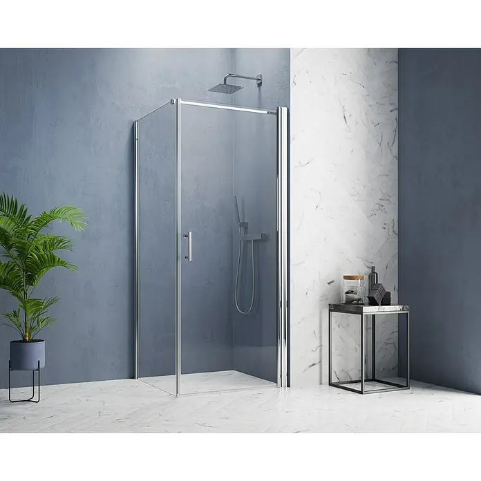GEO Hit Pro Eckdusche B-PF100 - L x B x H: 100 x 90 x 202,2 cm, Beschichtet, Chrom, Glasstärke: 6 mm, DIN Anschlag: Rechts - Duschkabine mit klaren Glaswänden und Chromrahmen. Elegantes Design für moderne Badezimmer mit stilvollem Zubehör.