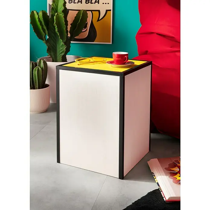 LOGOCLIC Winkelleiste Schwarz - 275 cm x 20 mm x 20 mm - Stylischer, moderner Beistelltisch in Weiß und Gelb mit schwarzem Rahmen. Ideal für Wohnzimmer oder Schlafzimmer als Ablagefläche.