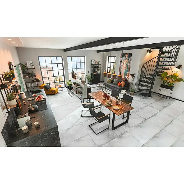 Walteco Rusticline Flanschplatte RT-1 - Durchmesser: 85 mm, Stahl, Schwarz - Das Bild zeigt einen modernen Wohnraum mit Akzenten auf der schwarzen Wendeltreppe und dem Esstisch aus Holz.