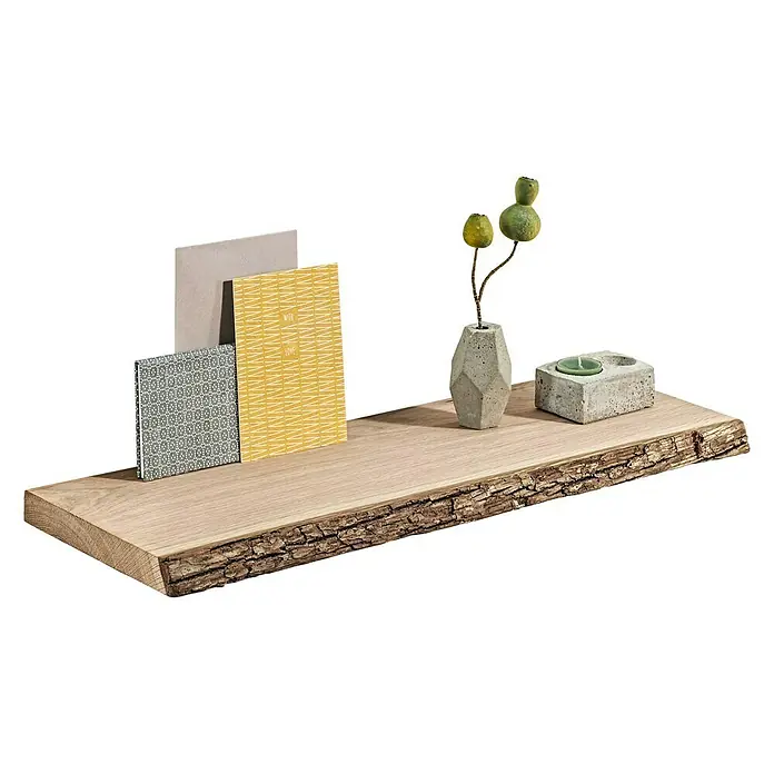 Dolle Estante flotante Vintage Nature - L x An x Al: 60 x 20 x 2,5 cm, Madera - Esta estantería rústica de pared con borde vivo exhibe decoraciones como plantas, velas y cuadernos. Un elegante accesorio para el hogar.