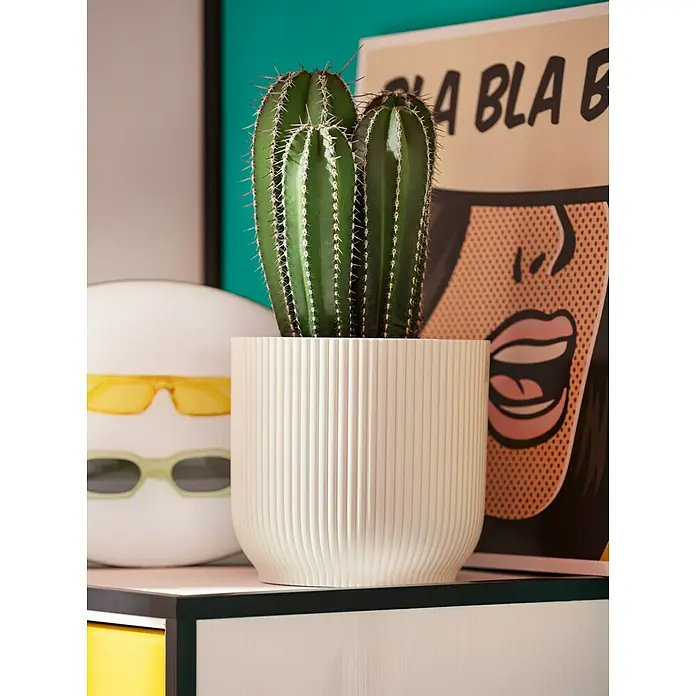 Elho Maceta para planta Vibes fold - Dimensiones externas (Ø x Al): 16 x 15 cm, Plástico, Blanco - Primer plano de un cactus en una maceta color crema con textura acanalada, situado sobre una superficie con elementos decorativos.