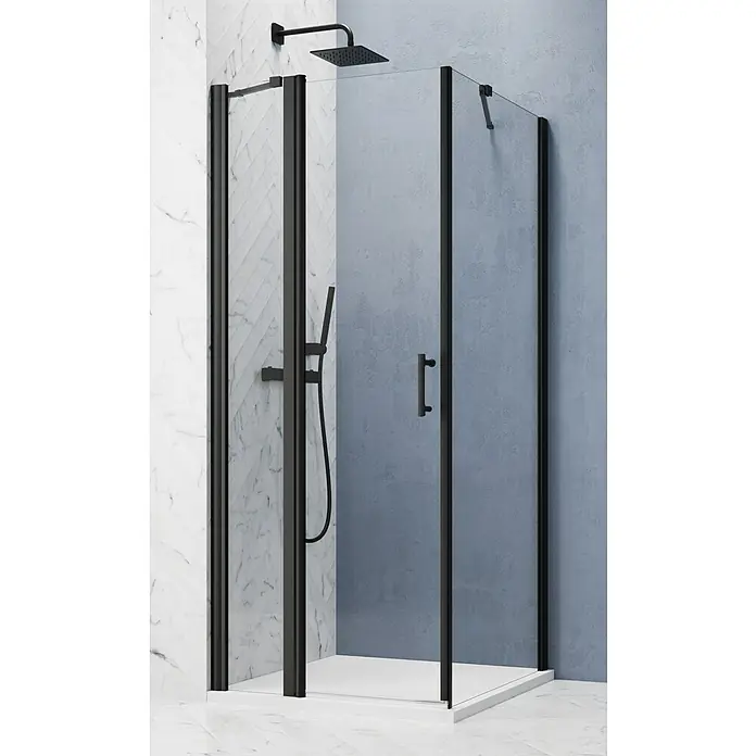 GEO Hit Pro Eckdusche B-PF200L x B x H: 80 x 90 x 202,2 cm, Beschichtet, DIN Anschlag: Links, Stärke: 6 mm, Schwarz - Eine moderne Duschkabine mit schwarzem Rahmen und Kopfbrause. Der elegante Look passt perfekt in ein stilvolles Badezimmer.