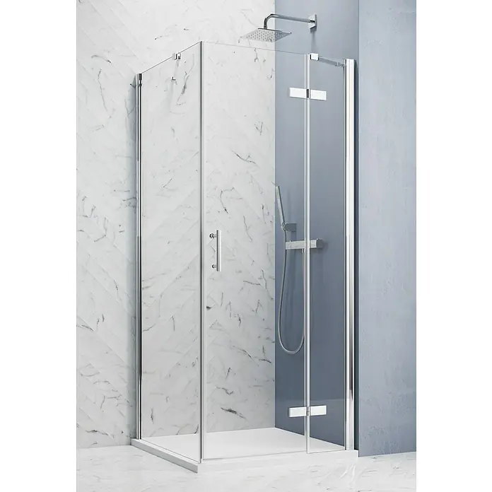 GEO Hit Pro Eckdusche B-PF300 - L x B x H: 90 x 80 x 200 cm, Beschichtet, Chrom, Glasstärke: 6 mm, DIN Anschlag: Rechts - Elegante Duschkabine mit klaren Linien und Chromdetails, perfekt für ein modernes Badezimmerdesign. Die Duschabtrennung ist ein echter Hingucker.