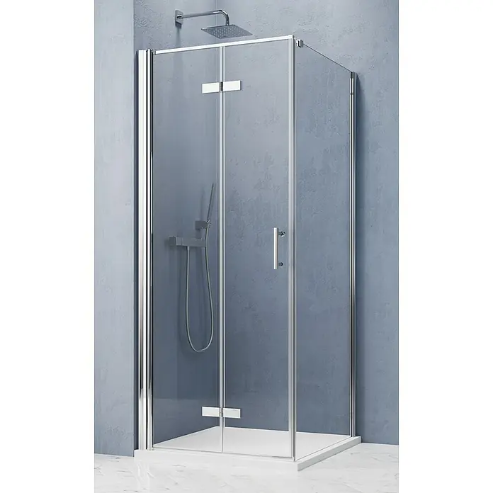 GEO Hit Pro Eckdusche B-PF400 - L x B x H: 80 x 80 x 202,2 cm, Beschichtet, Chrom, Glasstärke: 6 mm, DIN Anschlag: Links - Nahaufnahme einer stilvollen Duschkabine mit klaren Glaswänden und schlanken Chromrahmen, die ein modernes Badezimmerdesign ergänzen.
