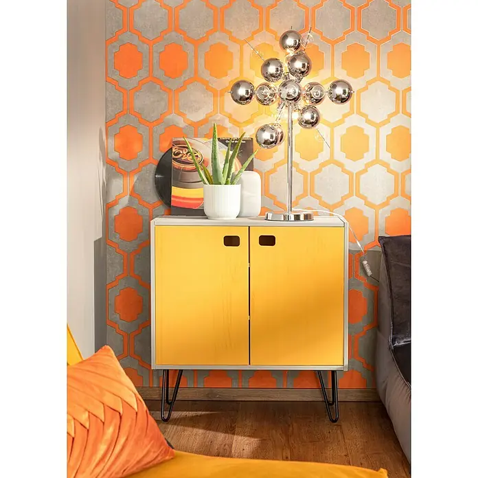 Wagner System Möbelfuß Hairpinlegs - Stahl, Höhe: 20 cm, Schwarz - Gelber Schrank mit Ablagefläche, ideal für moderne Wohnräume, mit Deko-Elementen wie Lampe, Pflanze und Schallplatte.