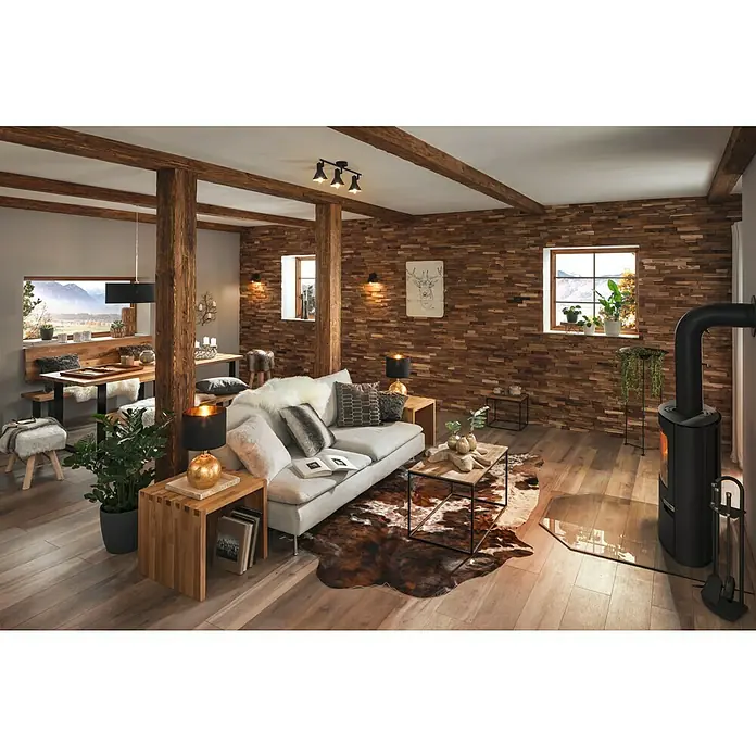 Exclusivholz Aspen Hocker - Eiche, 41,8 x 43 x 43 cm - Wohnzimmer mit Sofa, Kamin und Holzelementen, die eine warme und gemütliche Atmosphäre schaffen. Elegantes Interieur mit natürlichem Charme.