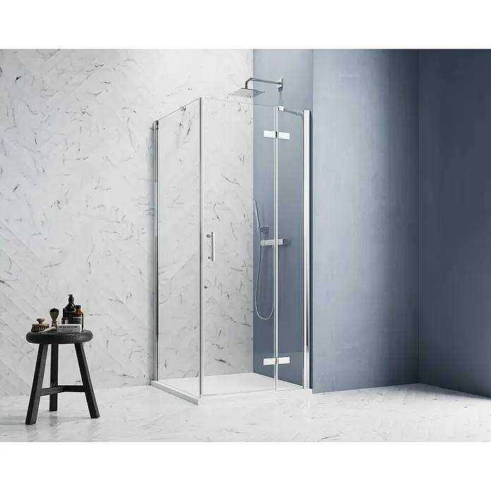 GEO Hit Pro Eckdusche B-PF300 - L x B x H: 90 x 80 x 200 cm, Beschichtet, Chrom, Glasstärke: 6 mm, DIN Anschlag: Rechts - Klares Design: Die Duschkabine mit Eckeinstieg besticht durch ihre Transparenz und fügt sich nahtlos in moderne Badezimmer ein.