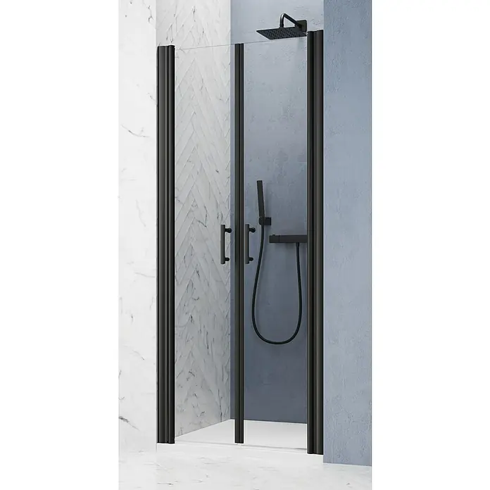GEO Hit Pro Nischendusche B-PN11090 x 202,2 cm, Beschichtet, Stärke: 6 mm, Schwarz - Duschkabine mit schwarzem Rahmen und Duschkopf, modernes Badezimmerdesign mit Marmorwand.