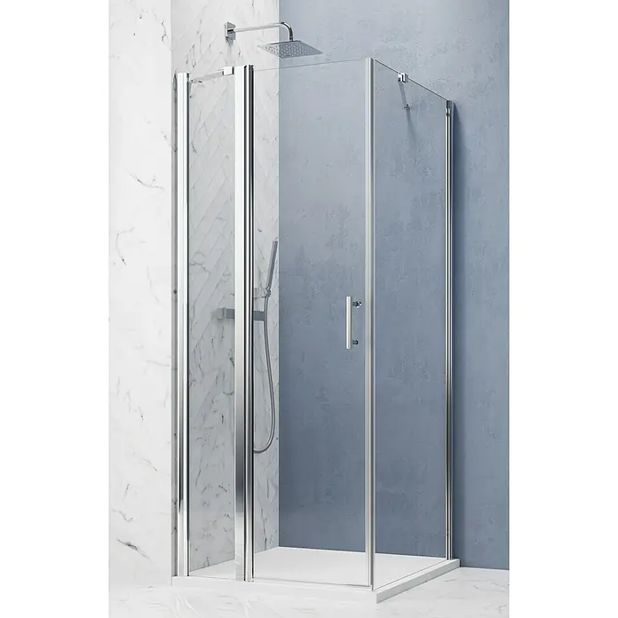 GEO Hit Pro Eckdusche B-PF200L x B x H: 90 x 80 x 202,2 cm, Beschichtet, DIN Anschlag: Links, Stärke: 6 mm, Chrom - Elegante Duschkabine mit klarem Glas und Chromrahmen. Das moderne Design passt perfekt in jedes Badezimmer.