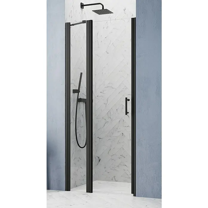 GEO Hit Pro Nischendusche B-PN200 - 80 x 202,2 cm, Beschichtet, Schwarz, 6 mm - Schwarze Duschkabine mit Handbrause und quadratischem Duschkopf vor weißer Marmorwand.