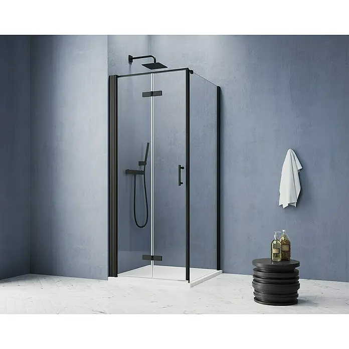 GEO Hit Pro Eckdusche B-PF400 - L x B x H: 80 x 100 x 202,2 cm, Beschichtet, Schwarz, Glasstärke: 6 mm, DIN Anschlag: Links - Schwarze Duschkabine mit Glaswänden und einem modernen Design, die ein stilvolles Badezimmerambiente schafft.\n