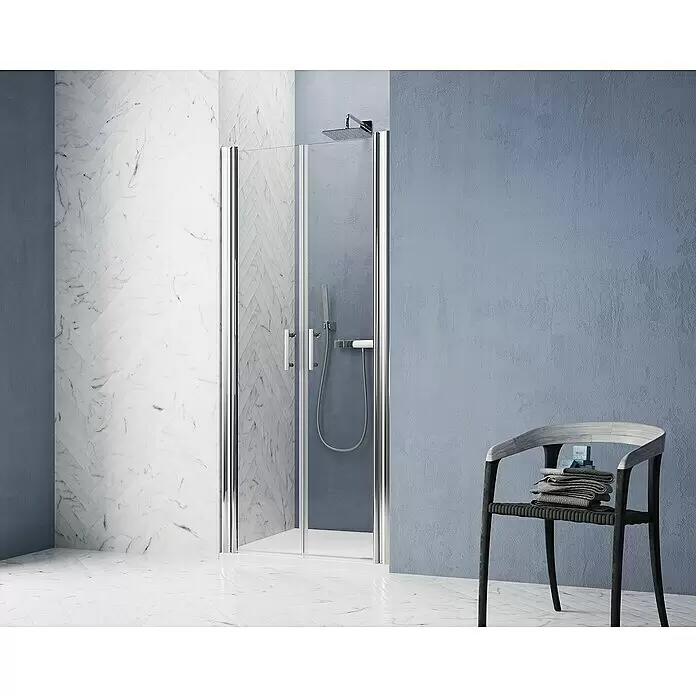 GEO Hit Pro Nischendusche B-PN110 - 80 x 202,2 cm, Beschichtet, Chrom, 6 mm - Klare Glasduschkabine mit Chromrahmen in modernem Bad, ausgestattet mit Kopf- und Handbrause.
