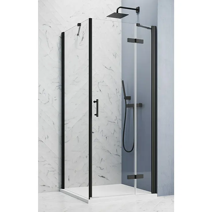 GEO Hit Pro Eckdusche B-PF300 - L x B x H: 90 x 90 x 200 cm, Beschichtet, Schwarz, Glasstärke: 6 mm, DIN Anschlag: Rechts - Elegante Duschkabine mit schwarzen Rahmen und klarem Glas. Modernes Design für Ihr Badezimmer.\n