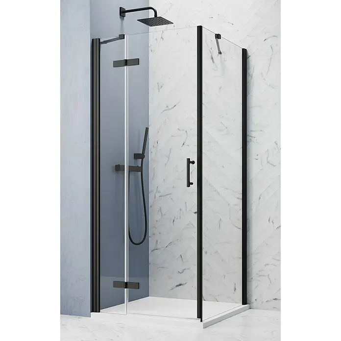 GEO Hit Pro Eckdusche B-PF300 - L x B x H: 100 x 100 x 200 cm, Beschichtet, Schwarz, Glasstärke: 6 mm, DIN Anschlag: Links - Elegante, rahmenlose Duschkabine mit mattschwarzem Beschlag und minimalistischem Design für moderne Badezimmer, die Stil und Funktionalität vereint.