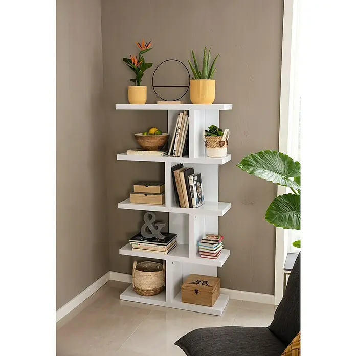 Phönix Holzregal Lloret - H x B x T: 150 x 80 x 29 cm, Traglast pro Boden: 5 kg, Anzahl Böden: 5 Stk., Schrauben, Weiß - Das moderne, weiße Bücherregal mit versetzten Regalböden bietet viel Platz für Bücher und Dekorationen und passt perfekt in jedes Wohnzimmer.