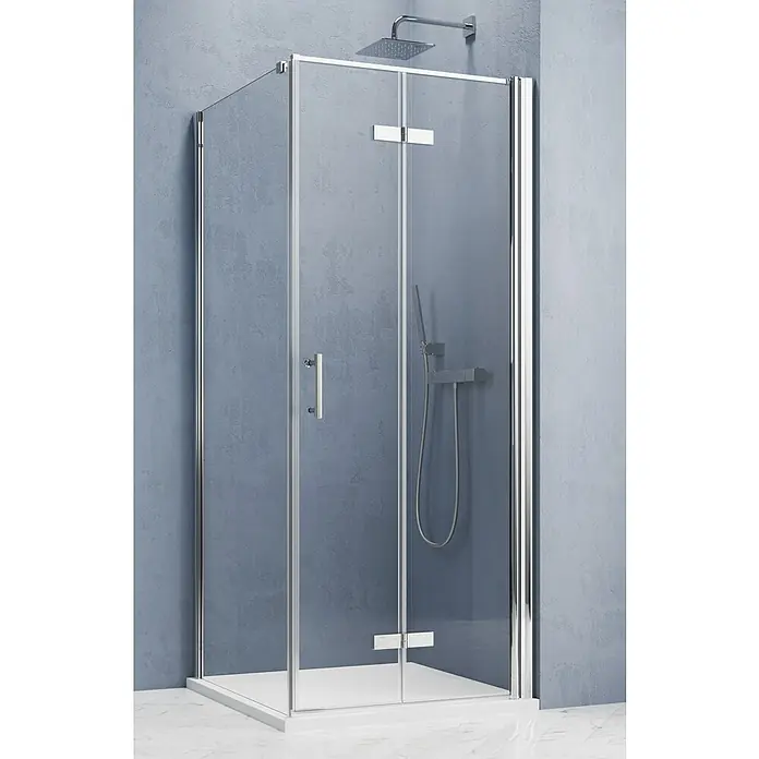 GEO Hit Pro Eckdusche B-PF400 - L x B x H: 80 x 80 x 202,2 cm, Beschichtet, Chrom, Glasstärke: 6 mm, DIN Anschlag: Rechts - Duschkabine mit klarem Glas und Chromrahmen. Elegantes Design für moderne Badezimmer.