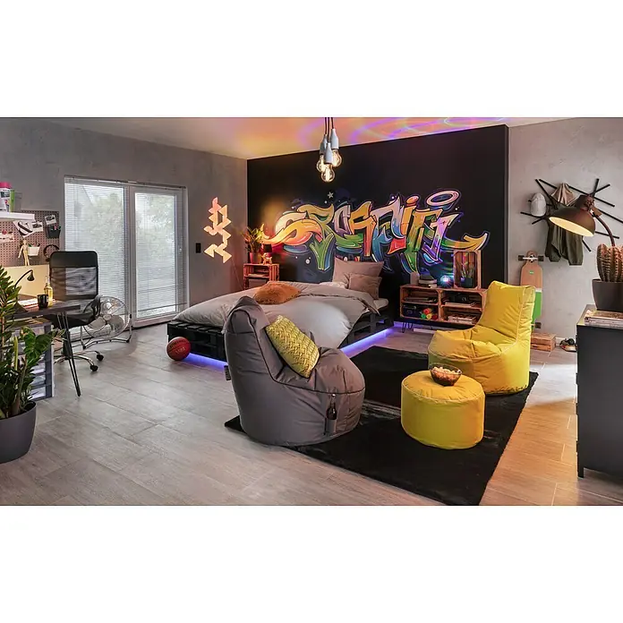 Fellteppich Happy - Graphit, 170 x 120 cm, 100 % Polyester (Flor) - Gemütliches Jugendzimmer mit Sitzsäcken, Bett mit Graffiti-Wand und cooler Beleuchtung für eine entspannte Atmosphäre.