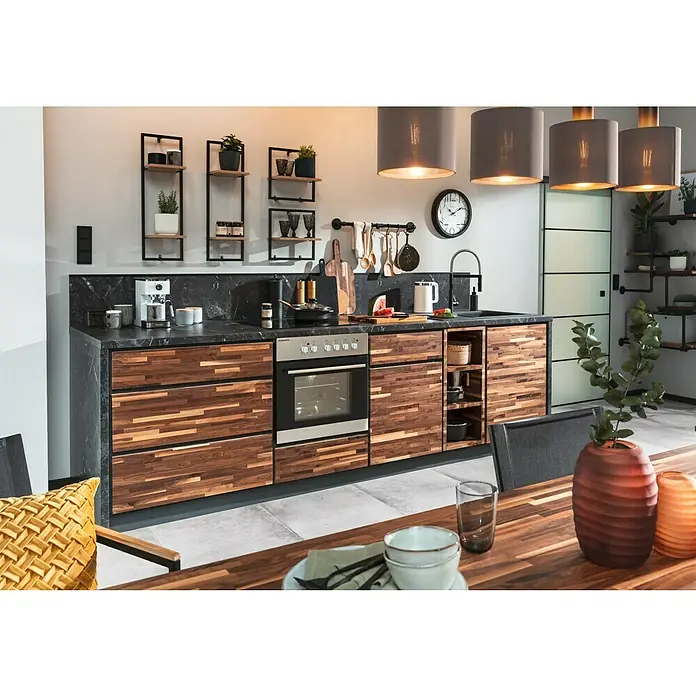 Phönix Wandregal Soho - L x B x H: 20 x 35 x 35 cm, Anzahl Böden: 1 Stk. - Eine moderne Küche mit dunkler Arbeitsplatte und Holzfronten, inklusive Regalen und Essbereich mit Holztisch.