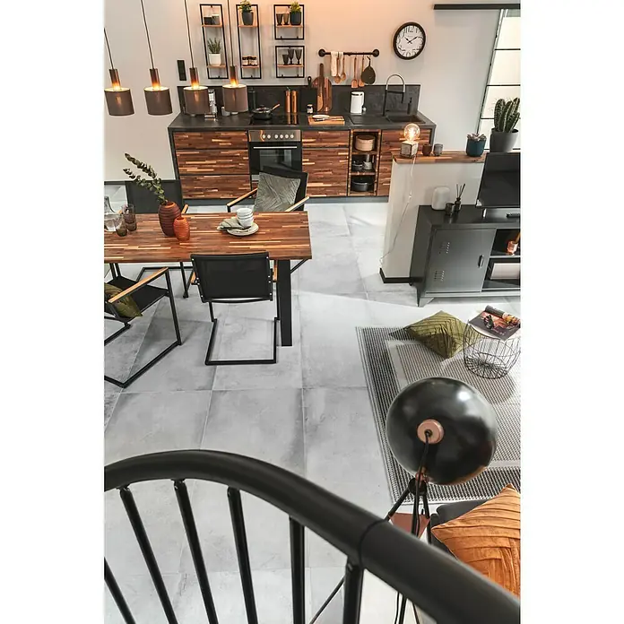 Phönix Wandregal Soho - L x B x H: 20 x 35 x 35 cm, Anzahl Böden: 1 Stk. - Einrichtungsidee mit Esstisch aus Holz, Stühlen, offener Küche mit Kochutensilien und Lampen für ein modernes Ambiente.