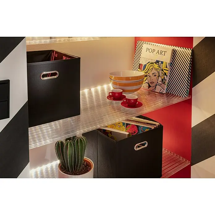 Hohlkammerplatte ECO-UV - 1.200 x 800 x 4 mm, Polycarbonat, Transparent - Schwarze Aufbewahrungsboxen auf transparenten Regalen mit LED-Beleuchtung, neben dekorativen Gegenständen wie Kunstbuch und Kaktus.