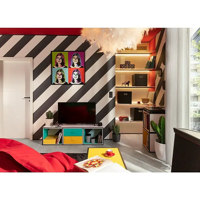 Hohlkammerplatte ECO-UV - 1.200 x 800 x 4 mm, Polycarbonat, Transparent - Wohnzimmer mit schwarzem TV, farbenfrohen Würfeln und einem Pop-Art-Porträt an einer schwarz-weiß gestreiften Wand. Gemütliche Atmosphäre mit rotem Sitzsack.