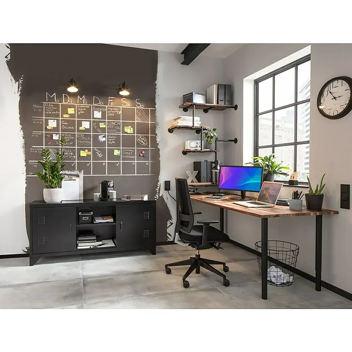 Walteco Rusticline Flanschplatte RT-1 - Durchmesser: 85 mm, Stahl, Schwarz - Ein modernes Arbeitszimmer mit einem schwarzen Metallschrank und einem Schreibtisch mit einem Computer und einem Laptop.