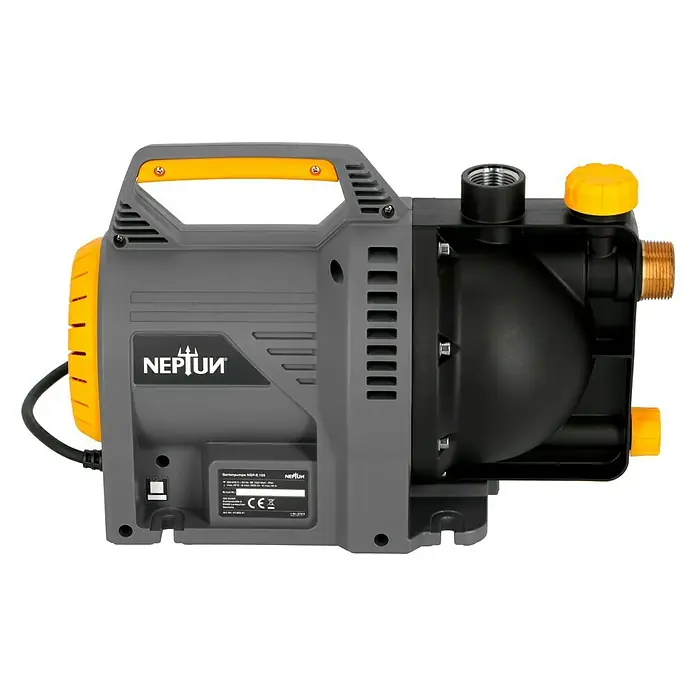 Neptun Gartenpumpe NGP-E 105 - 1.050 W, Max. Fördermenge: 4.500 l/h - Abbildung einer grauen und gelben Neptun-Gartenpumpe mit schwarzem Pumpenkopf. Ideal für die Gartenbewässerung und Wasserversorgung im Außenbereich.