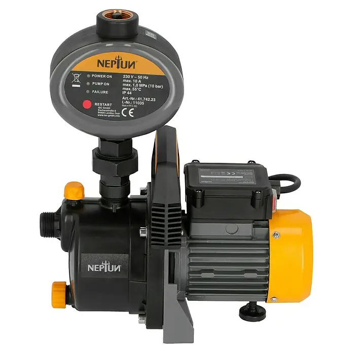 Neptun Hauswasserautomat NHA-E 68 - Max. Fördermenge: 3.800 l/h, Max. Druck: 3,6 bar - Abbildung einer Hauswasserpumpe der Marke Neptun, ideal für die Gartenbewässerung und die Hauswasserversorgung.