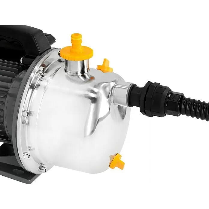 Neptun Gartenpumpe NGP-E 100 SET - 1.000 W, Max. Fördermenge: 4.600 l/h - Selbstansaugende Jet-Pumpe aus Edelstahl mit schwarzem Motor und gelben Anschlüssen zur Wasserversorgung.