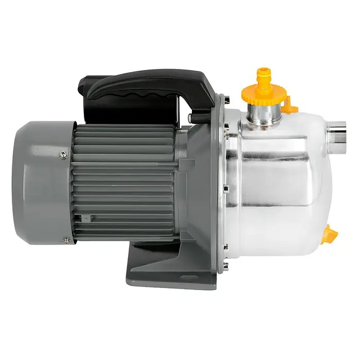 Neptun Gartenpumpe NGP-E 100 SET - 1.000 W, Max. Fördermenge: 4.600 l/h - Bild einer Wasserpumpe. Die Pumpe ist grau und silberfarben und hat einen schwarzen Griff für den einfachen Transport.