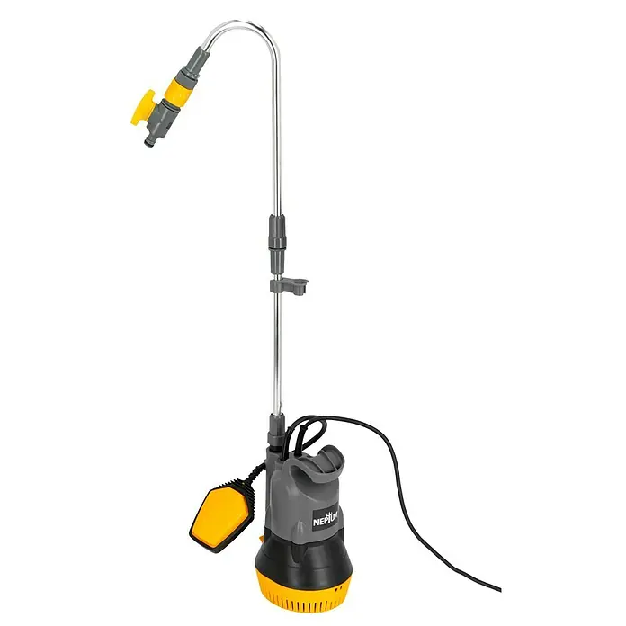 Neptun Regenfasspumpe NRP-E 40 - 400 W, Max. Fördermenge: 4.200 l/h - Eine Neptun-Tauchpumpe mit einem verstellbaren Auslaufrohr und einem gelben Schwimmerschalter für eine automatische Steuerung des Wasserstands.