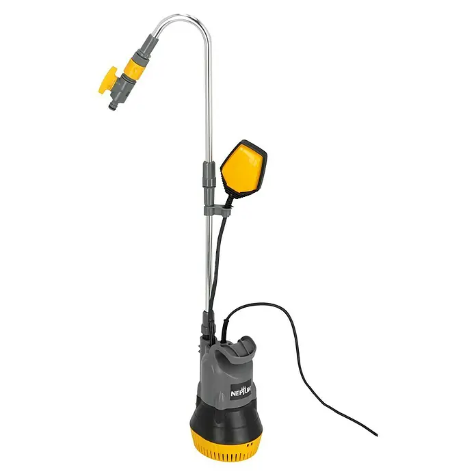 Neptun Regenfasspumpe NRP-E 40400 W, Max. Fördermenge: 4.200 l/h - Bild einer Neptun Schmutzwasserpumpe mit Schwimmerschalter und Schlauchanschluss. Sie ist für den Einsatz im Garten oder in Kellerräumen geeignet.