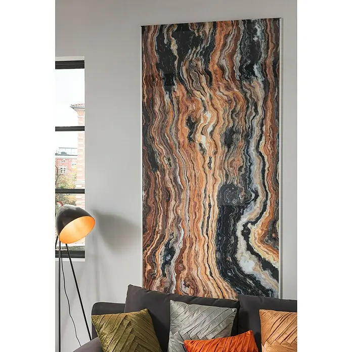SanDesign Acryl-Verbundplatte - 100 x 250 cm, Colored Onyx - Dekoratives Wandbild mit einem abstrakten Muster in Braun-, Schwarz- und Weißtönen, das jedem Raum einen modernen Touch verleiht.