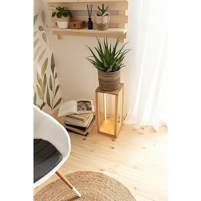A.H.G. Cubremaceta redondo Bastian - Dimensiones externas (Ø x Al): 21 x 19 cm, Natural - Interior con un soporte para plantas de madera iluminado con una planta de aloe vera, libros y una silla sobre una alfombra.