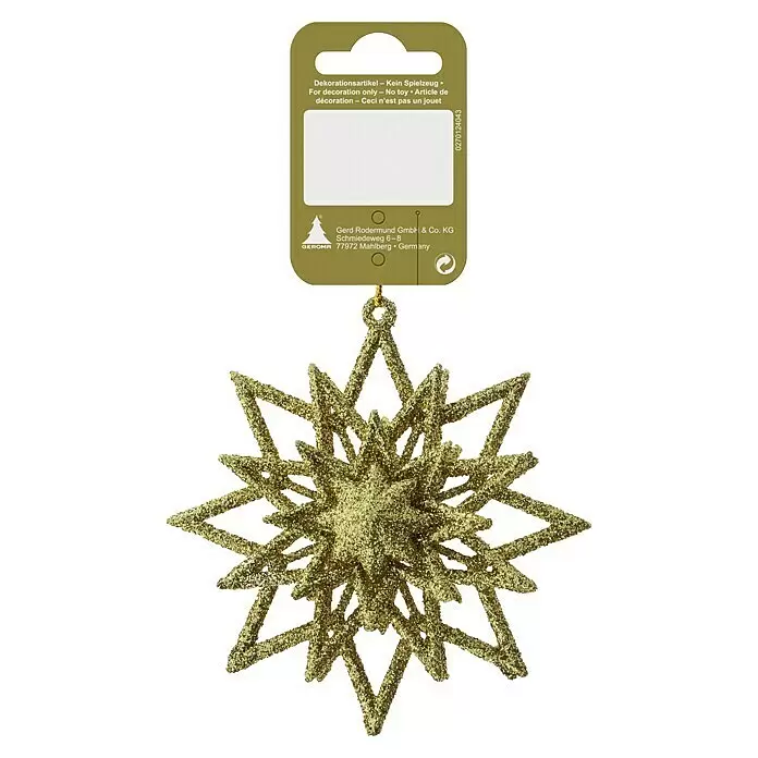 Christbaumschmuck Glitzerstern - Durchmesser: 10 cm, Gold, Kunststoff - Goldglänzender Weihnachtsstern-Anhänger mit Etikett.