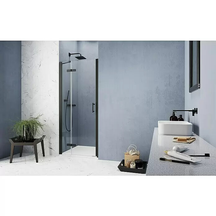 GEO Hit Pro Nischendusche B-PN300 - 80 x 200 cm, Beschichtet, Schwarz, 6 mm, DIN Anschlag: Links - Schwarze Duschkabine aus Glas in einem modernen Badezimmer, mit quadratischem Regenduschkopf und Handbrause.
