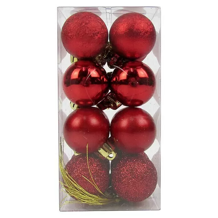 Christbaumkugel-Mix - Rot, Kunststoff, 16 Stk. - Rote Weihnachtsbaumkugeln in einer transparenten Box, matt, glänzend und glitzernd, mit goldenen Aufhängern.