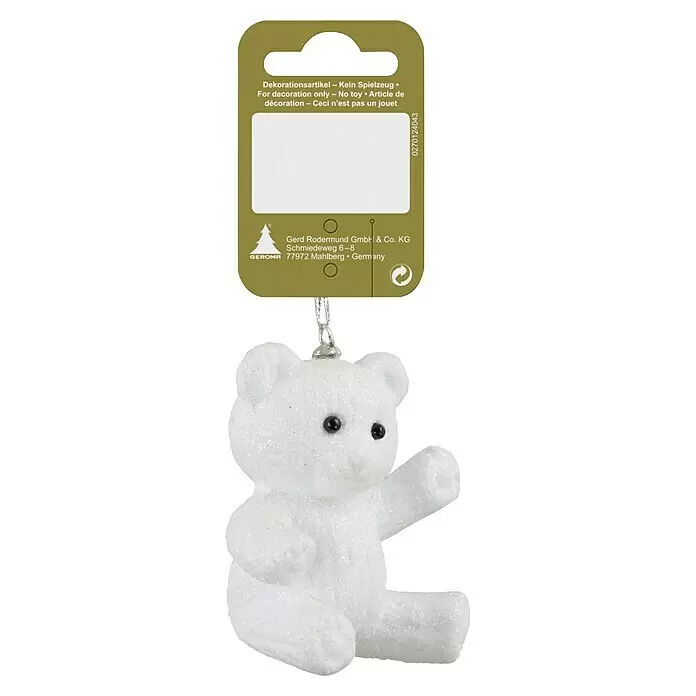 Christbaumschmuck - Weiß, Kunststoff, 1 Stk., Teddybär - Glitzernder weißer Eisbär Weihnachtsbaumschmuck mit schwarzen Augen, an einem Etikett hängend.