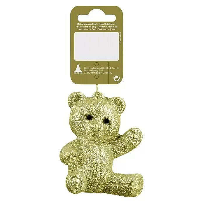Christbaumschmuck Teddybär - Gold, Kunststoff, 1 Stk. - Glimmernder goldener Teddybär-Anhänger mit Hängeetikett, als Dekoration gekennzeichnet.