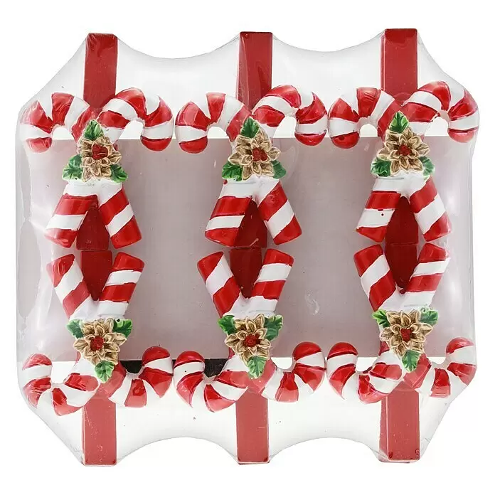 Christbaumschmuck Zuckerstangen auf Clip - Höhe: 4,5 cm, Rot/Bunt, Holz, 6 Stk. - Drei rot-weiß gestreifte Zuckerstangen-Kartenhalter mit gold-grünen Blumenakzenten, in Klarsichtfolie verpackt.