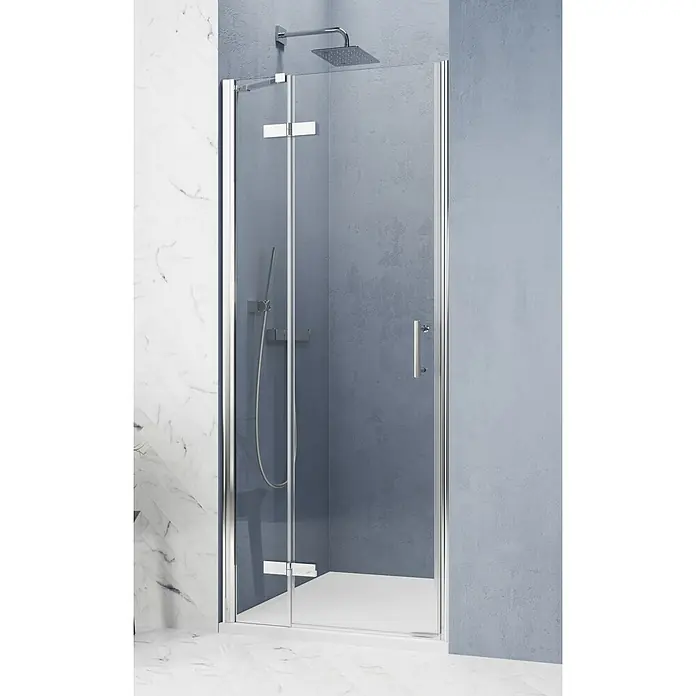 GEO Hit Pro Nischendusche B-PN30090 x 200 cm, Beschichtet, DIN Anschlag: Links, Stärke: 6 mm, Chrom - Bild einer Duschkabine mit Drehtür und glänzendem Chromrahmen, die ein elegantes und modernes Badezimmerdesign zeigt.