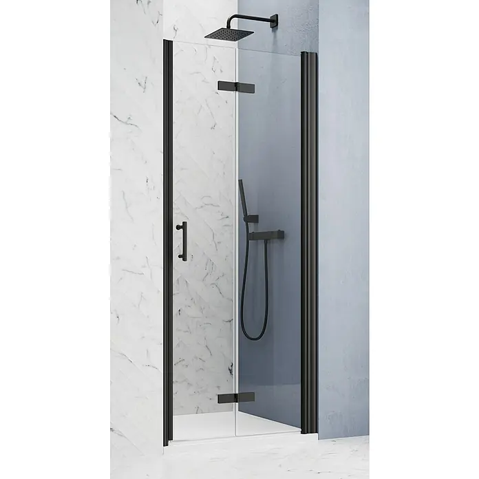 GEO Hit Pro Nischendusche B-PN400 - 80 x 202,2 cm, Beschichtet, Schwarz, 6 mm, DIN Anschlag: Rechts - Moderne Duschkabine mit schwarzem Rahmen und klarem Glas. Die Duschkabine verfügt über eine Drehtür mit Griff und Scharnieren in Schwarz.