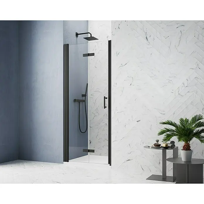 GEO Hit Pro Nischendusche B-PN400 - 90 x 202,2 cm, Beschichtet, Schwarz, 6 mm, DIN Anschlag: Links - Duschabtrennung mit schwarzem Rahmen, Glas und Armaturen. Das moderne Design fügt sich nahtlos ins Badezimmer ein.