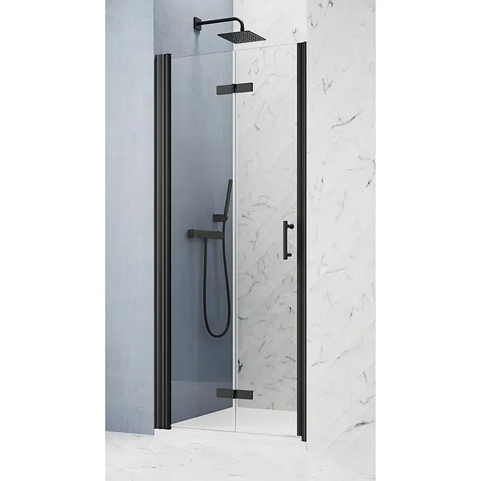 GEO Hit Pro Nischendusche B-PN400 - 90 x 202,2 cm, Beschichtet, Schwarz, 6 mm, DIN Anschlag: Links - Nahaufnahme einer modernen Duschkabine mit schwarzem Rahmen und klarem Glas, die ein elegantes Badezimmerdesign präsentiert.