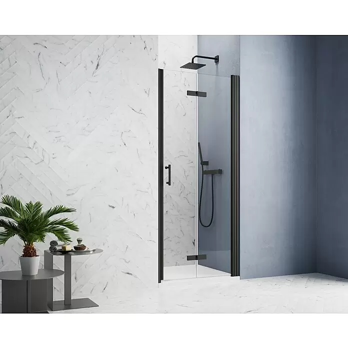 GEO Hit Pro Nischendusche B-PN400 - 90 x 202,2 cm, Beschichtet, Schwarz, 6 mm, DIN Anschlag: Rechts - Schwarze gerahmte Glas-Duschtür mit Scharnierdesign in einem modernen Badezimmer installiert.