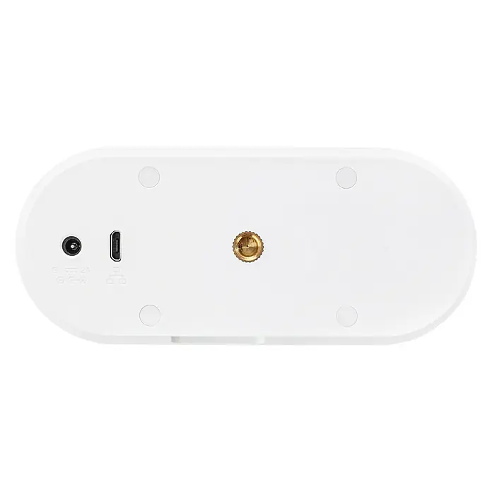 Abus Überwachungskamera Privacy - Grau, Weiß - Unteransicht einer weißen Home-Security-Kamera mit Stromanschluss, USB-Anschluss und Stativgewinde.